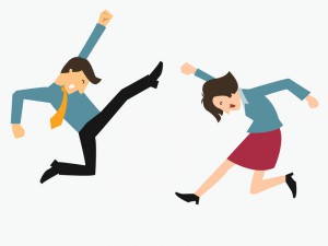 Happy business man and woman jumping in the air cheerfully. Feeling and emotion concept in happiness, winning, successful, or gain victory.